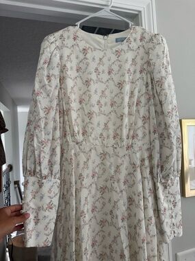 ANTONIO MELANI Cream Floral Long Sleeve Midi Dress with Pink and Blue Accents